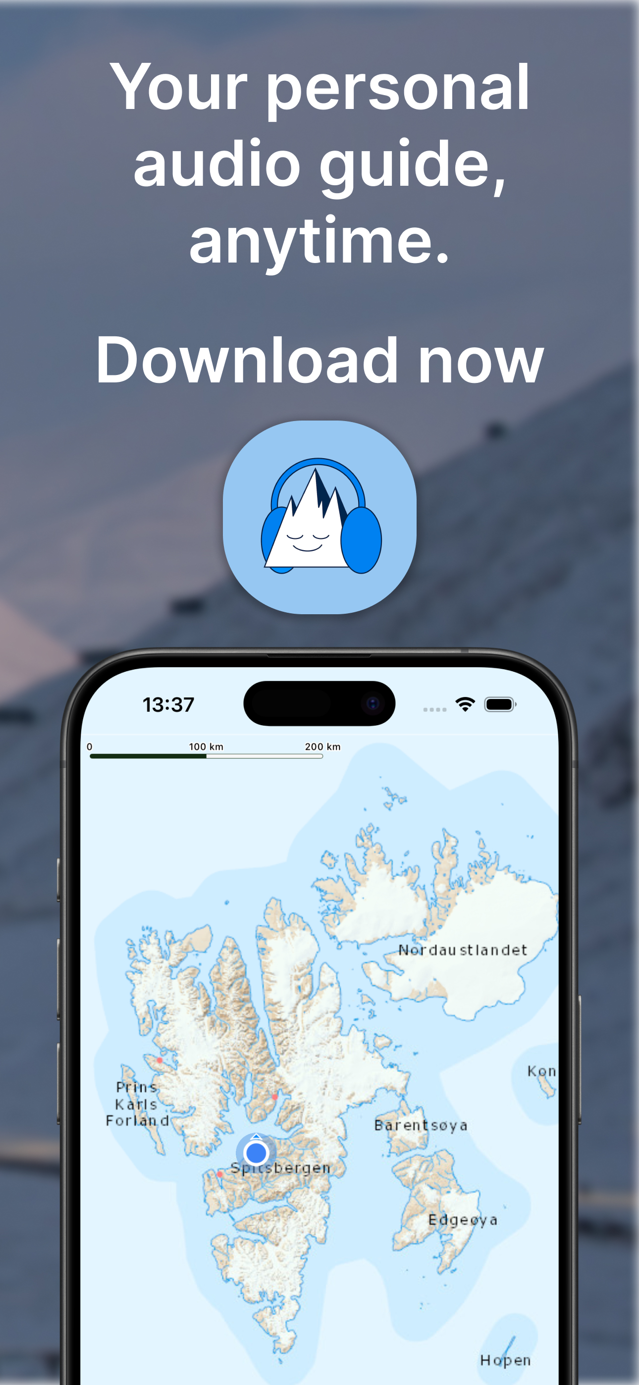 Your personal audio guide, anytime โ app icon and Svalbard archipelago map